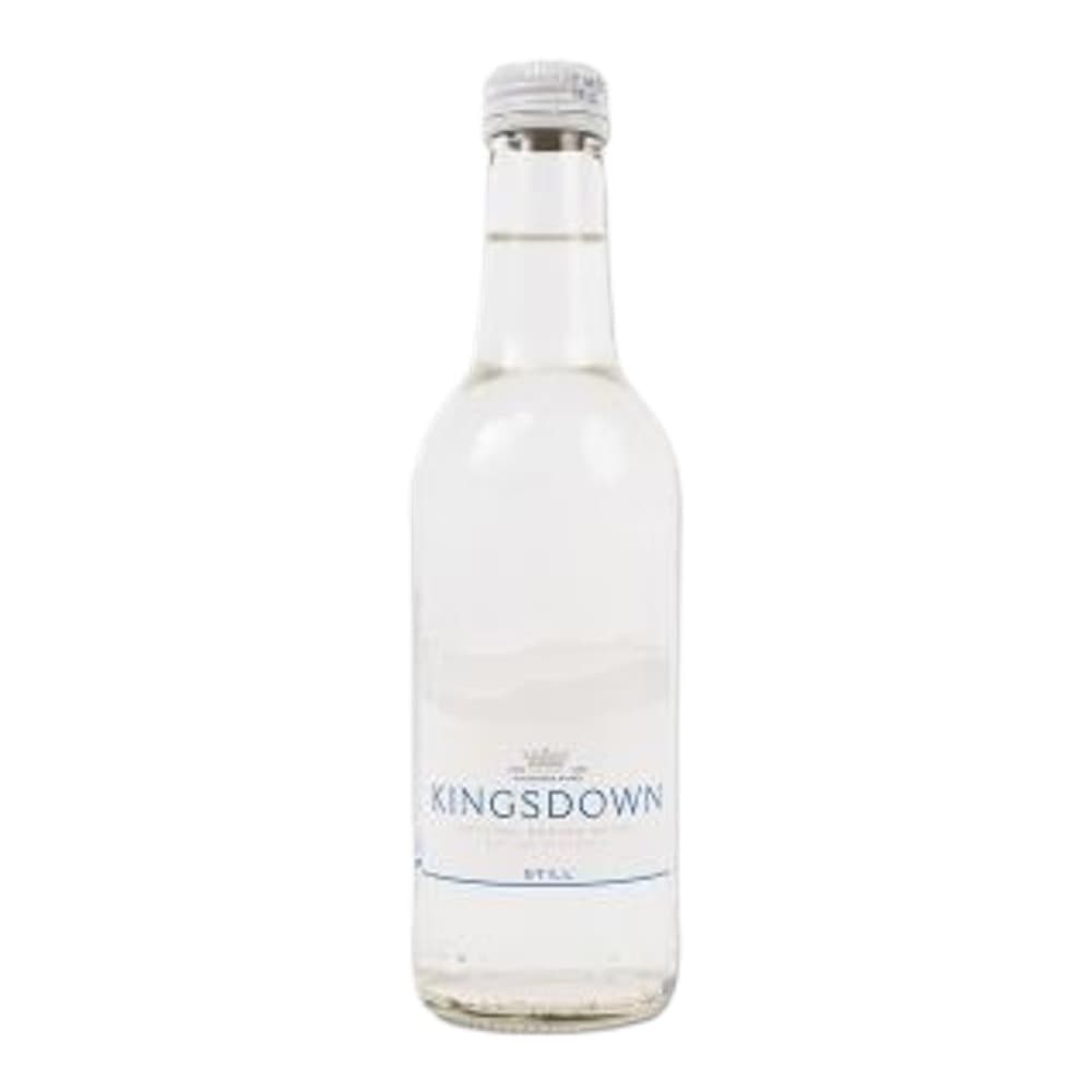 A clear glass bottle of Kingsdown sparkling water against a white background, featuring a silver screw cap and blue label text.