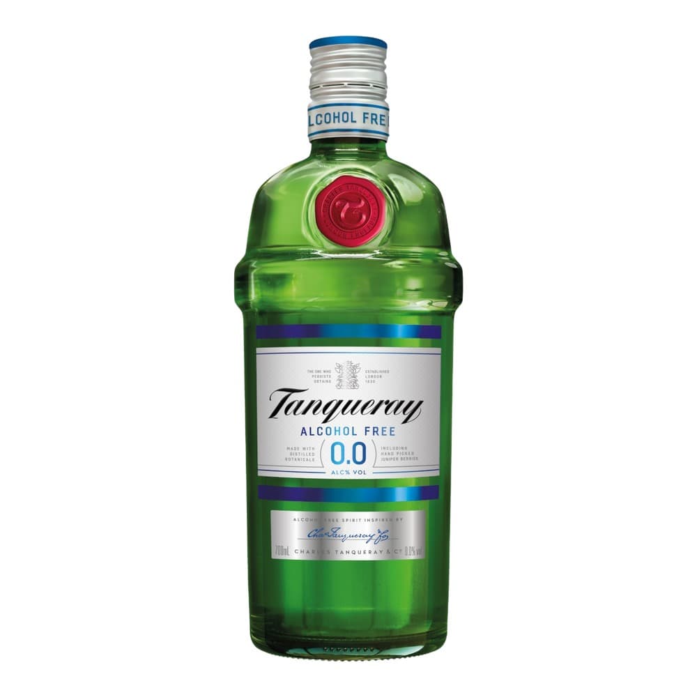 A bottle of Tanqueray Alcohol Free 0.0 spirit with green glass and white label featuring red seal, isolated on white background