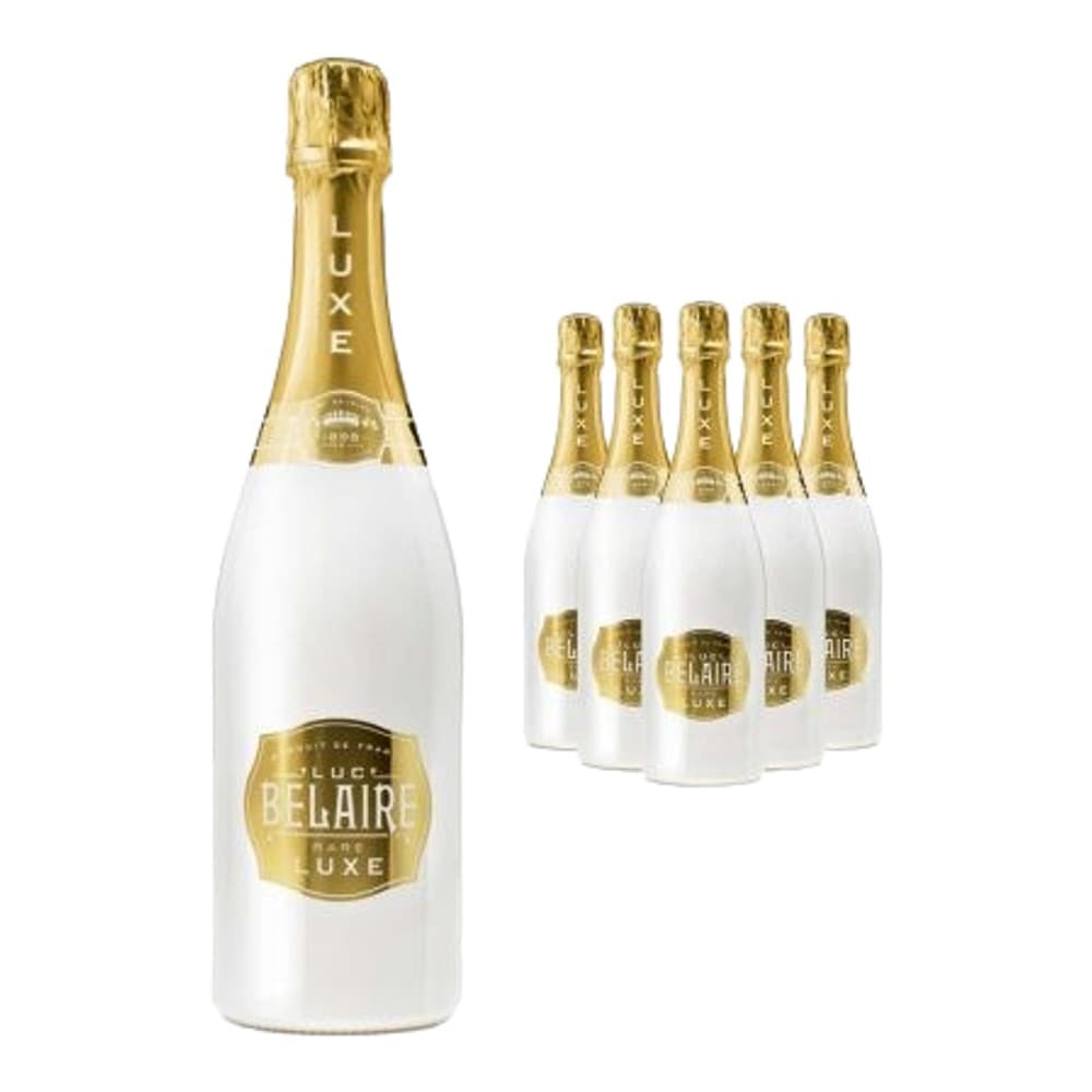 White and gold Belaire Luxe champagne bottles displayed on a plain white background with one large bottle in front and five smaller bottles arranged behind.