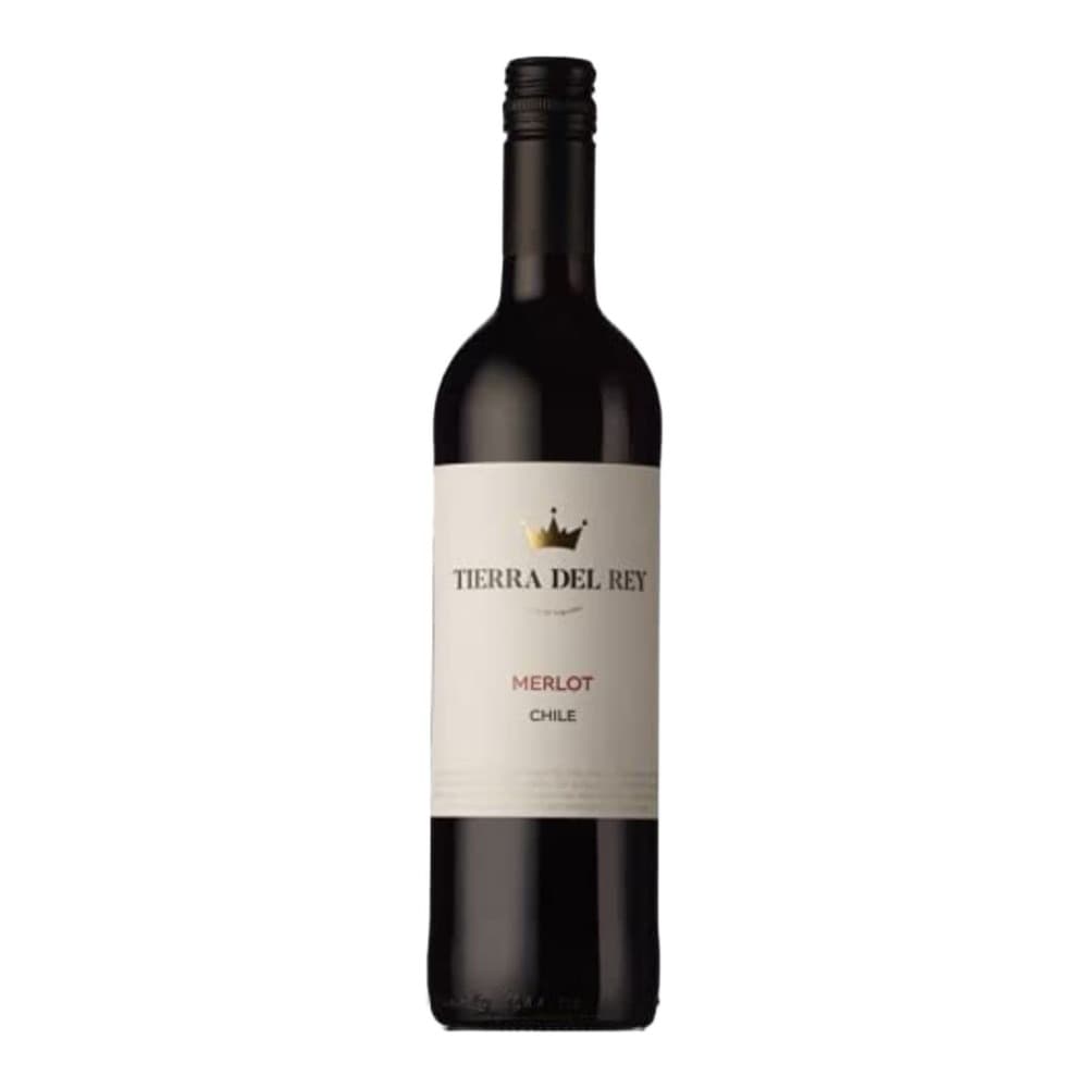 A bottle of Tierra Del Rey Merlot red wine from Chile against a white background