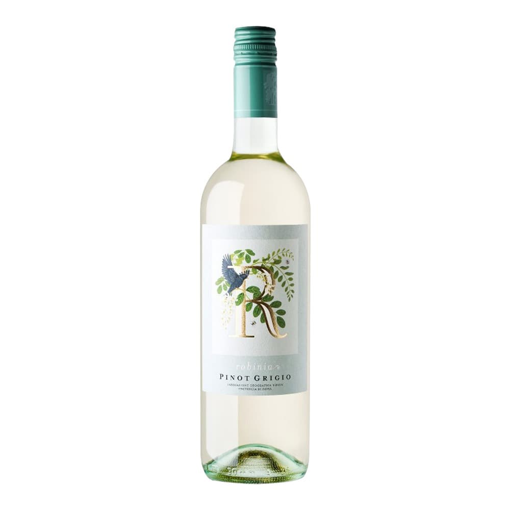 A bottle of Pinot Grigio white wine with a pale yellow liquid, featuring a decorative label with botanical bird and leaf illustration, displayed against a plain white background.