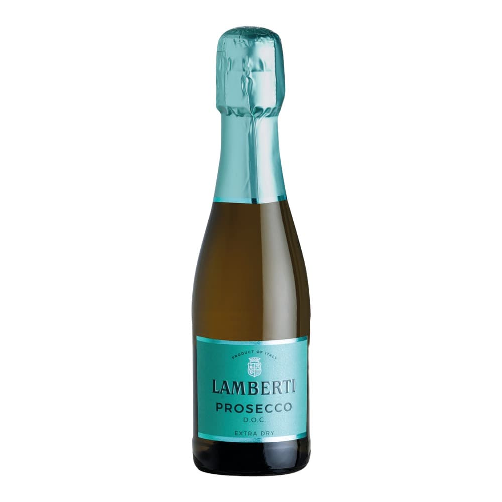A bottle of Lamberti Prosecco D.O.C. Extra Dry with turquoise foil and label on a white background.