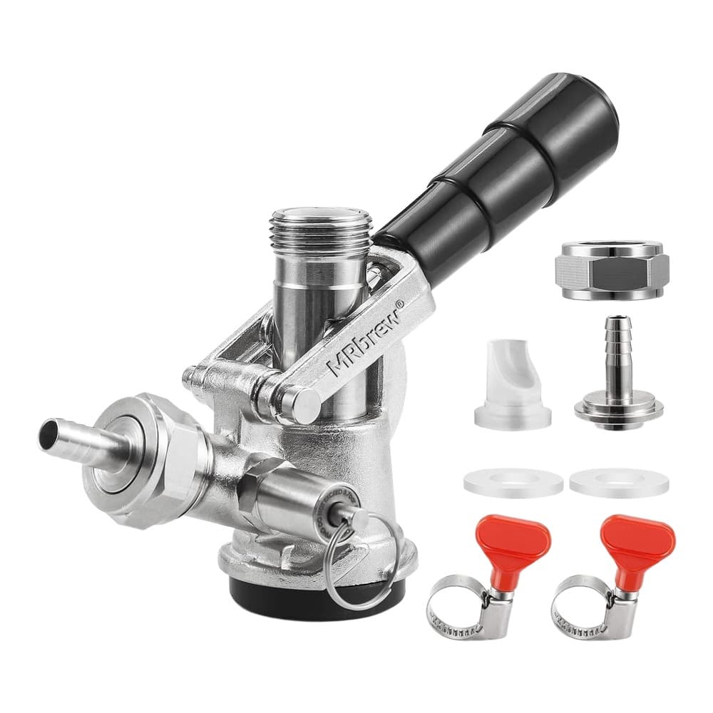 Silver metal keg dispenser system with black handle and assorted components including caps, tubes, and red clamps displayed on white background