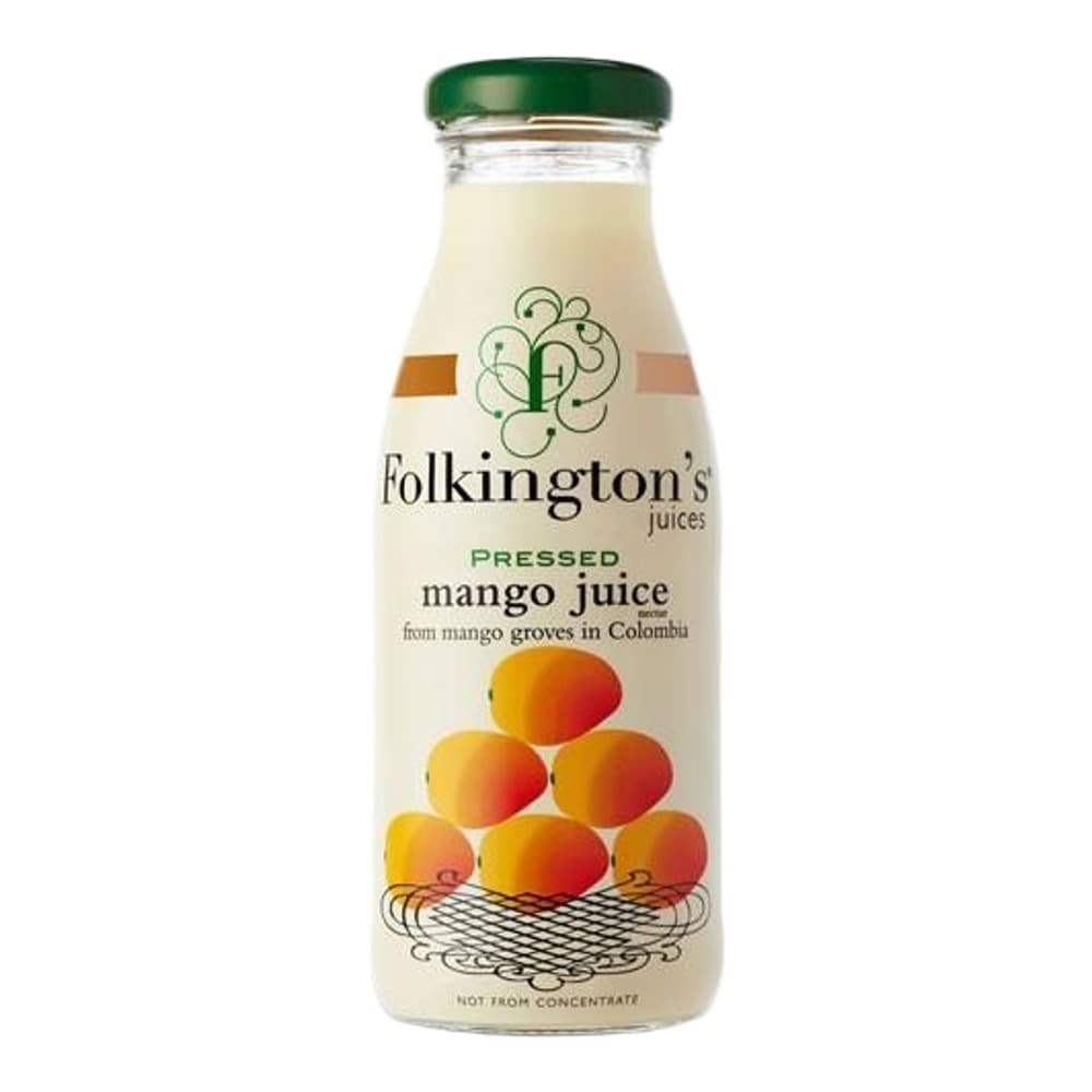 A glass bottle of Folkington's pressed mango juice with a green cap, featuring an image of mangoes on the label, displayed against a white background.