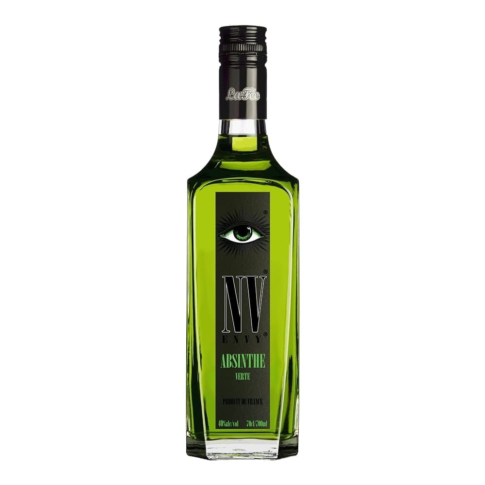 A bottle of Pernod Absinthe Verte with distinctive eye logo on lime green label against white background.