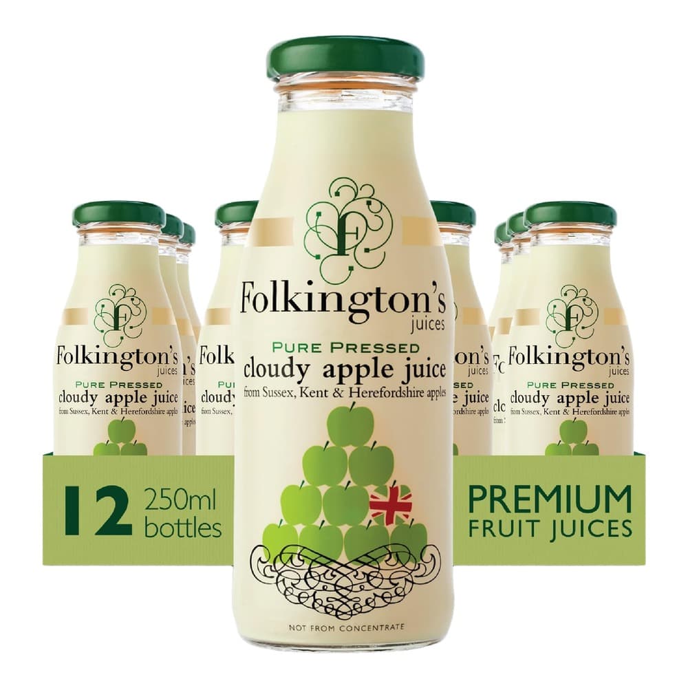 Pack shot of Folkington's cloudy apple juice bottles with green caps and cream-coloured labels, displayed as a 12-pack of 250ml bottles against a white background.