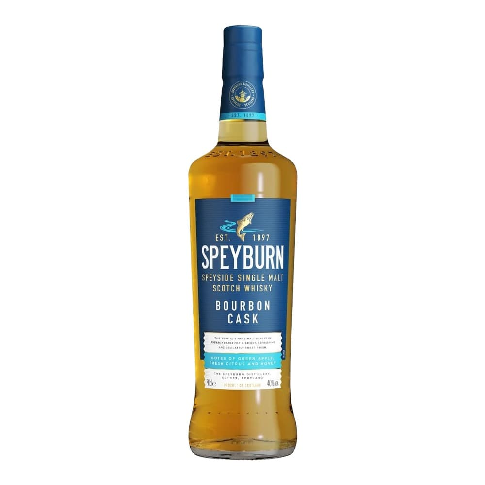 A bottle of Speyburn Bourbon Cask Speyside Single Malt Scotch Whisky with a dark blue label and gold-coloured spirit, photographed against a white background.