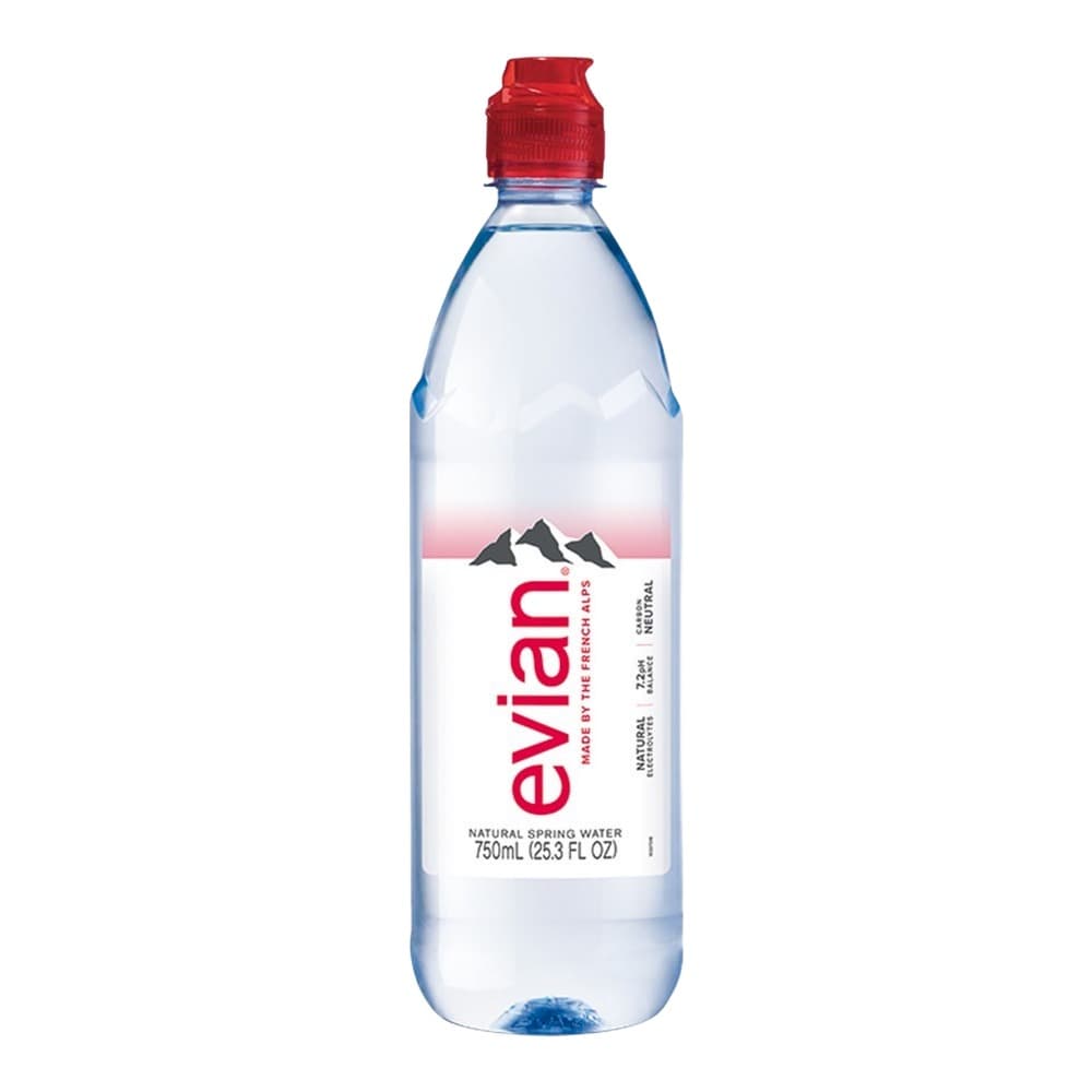 A 750ml bottle of Evian natural spring water with a red cap and white label featuring mountain imagery, displayed against a plain white background.