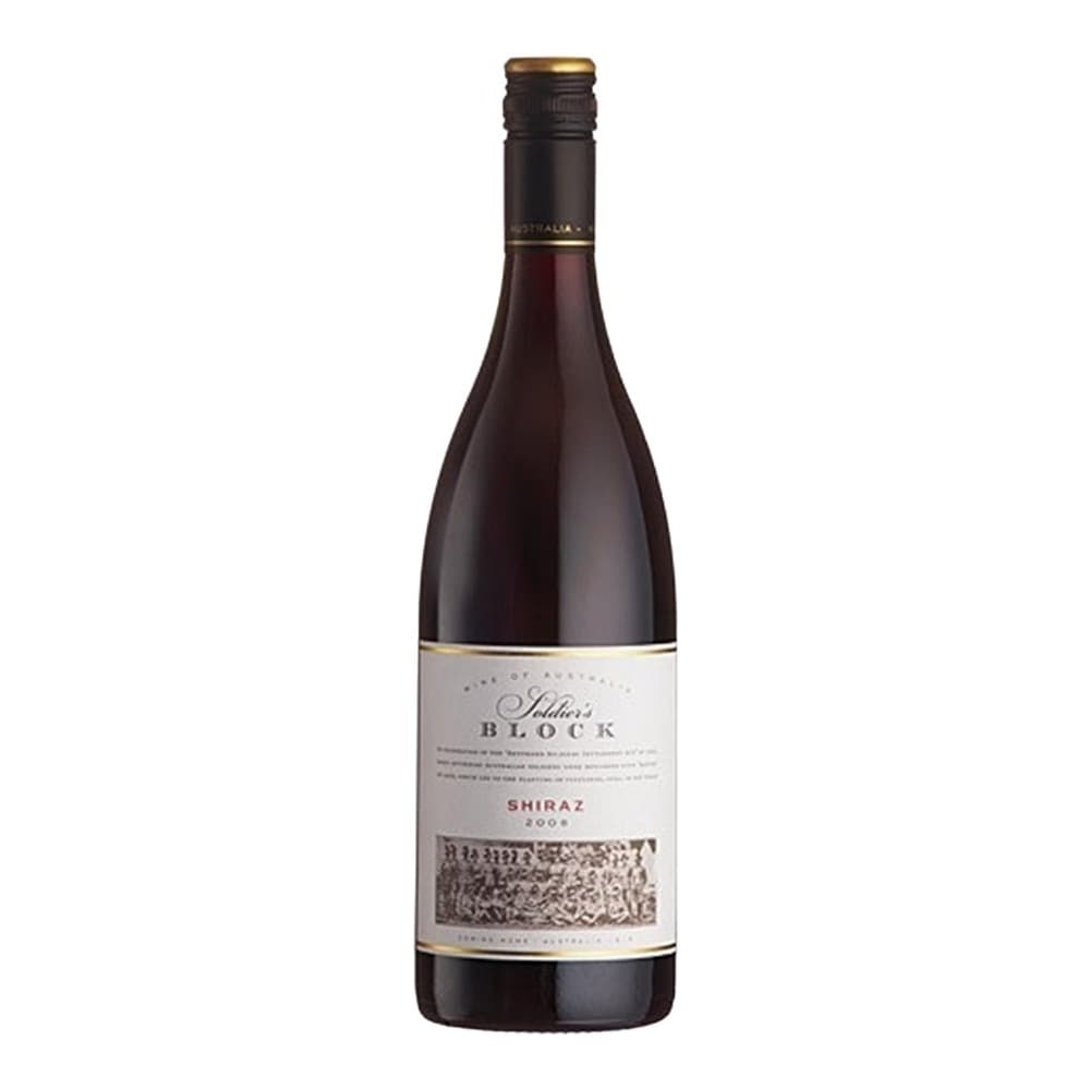 A bottle of Soldiers Block Shiraz 2004 wine with a cream and gold label on a white background