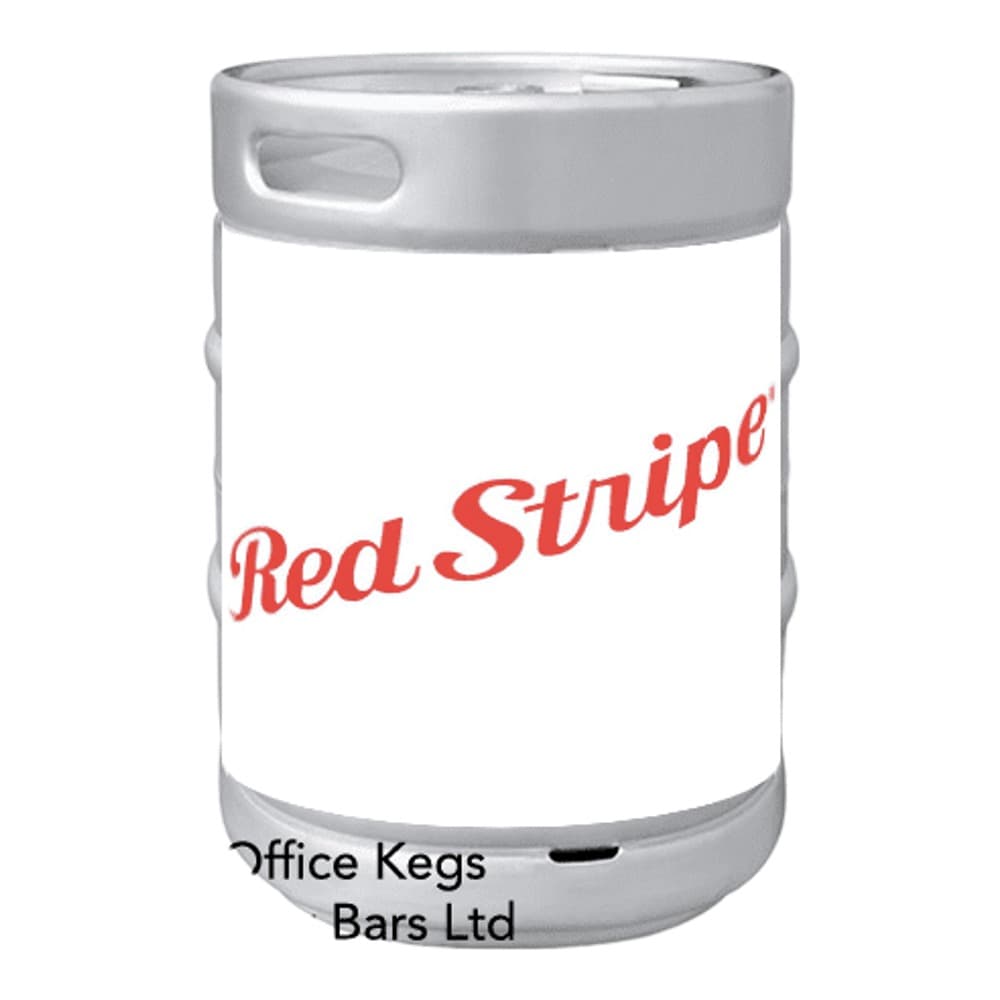 Red Stripe beer keg with grey metal top and carrying handles on white background
