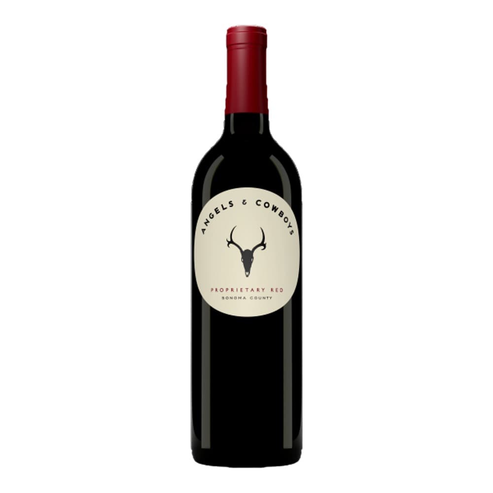 A bottle of Angels & Cowboys Proprietary Red wine from Sonoma County with a cream label featuring a deer antler logo against a plain white background.