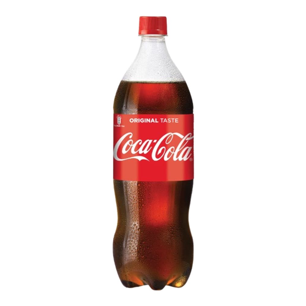 A plastic bottle of Coca-Cola Original Taste with a red cap and label, filled with dark cola liquid, photographed against a white background.