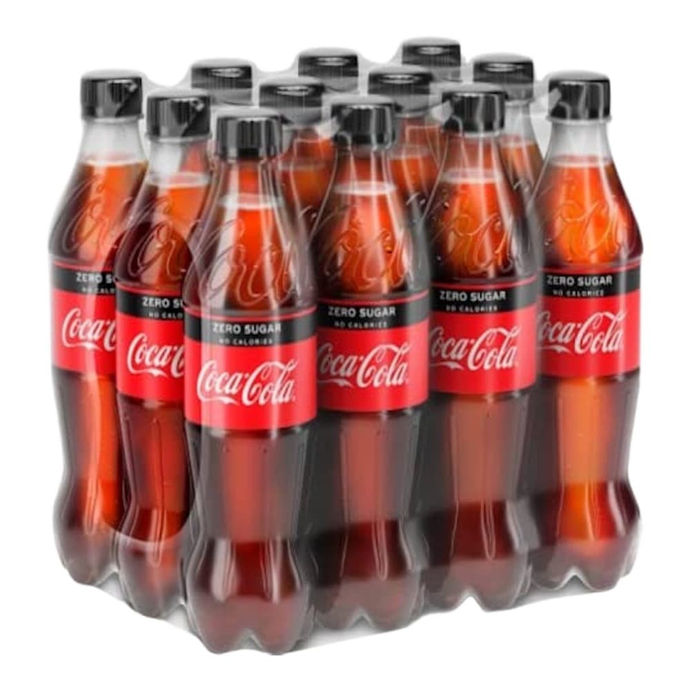 Multiple Coca-Cola Zero Sugar bottles with black caps arranged on a white background