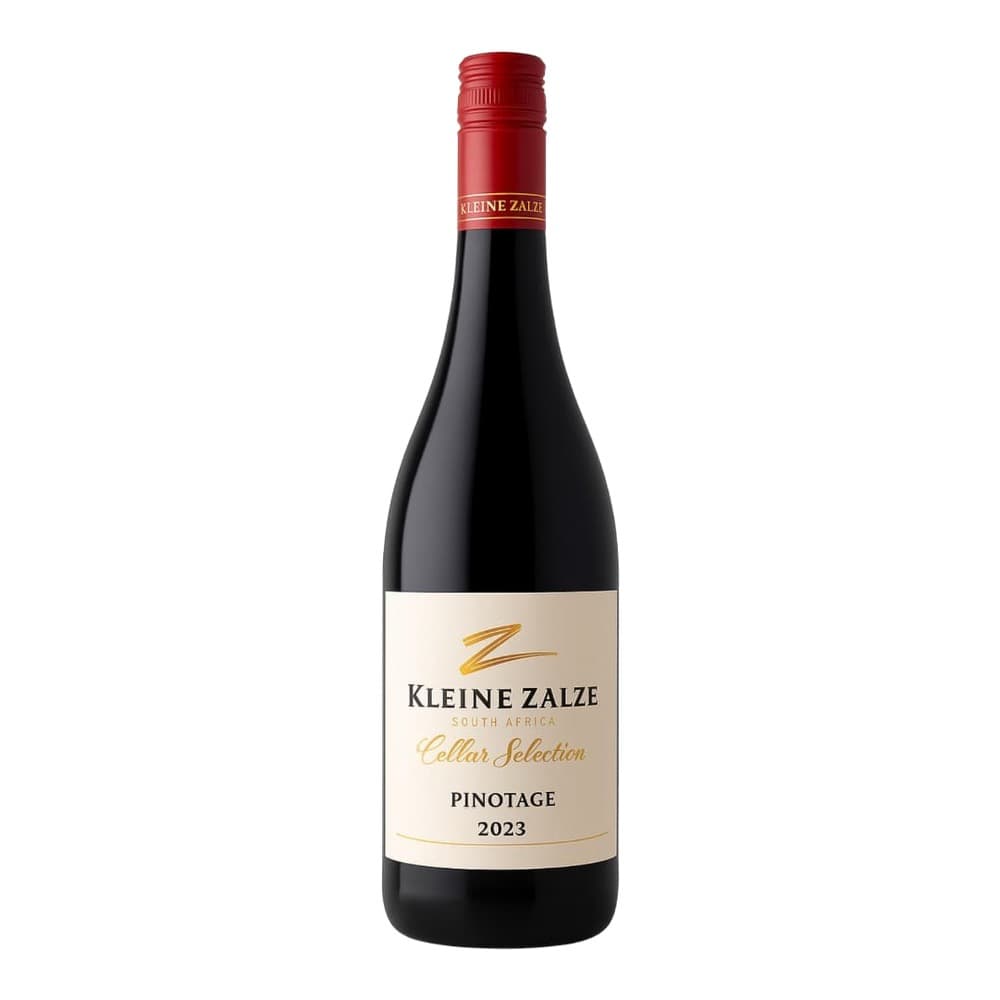 A bottle of Kleine Zalze Pinotage 2023 red wine from South Africa, featuring a cream-coloured label with gold lettering and a red foil capsule, isolated against a white background.