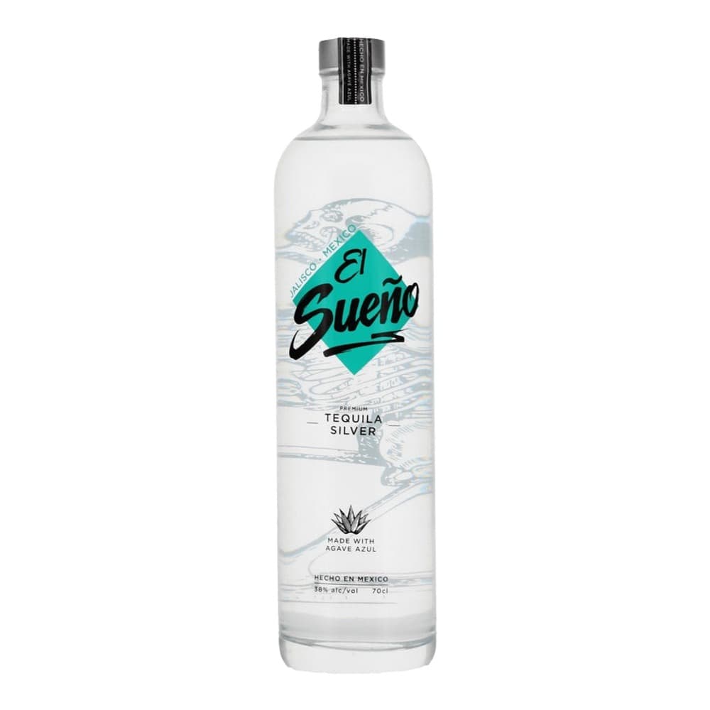 Clear glass bottle of El Sueño premium tequila silver with turquoise and black label on a white background