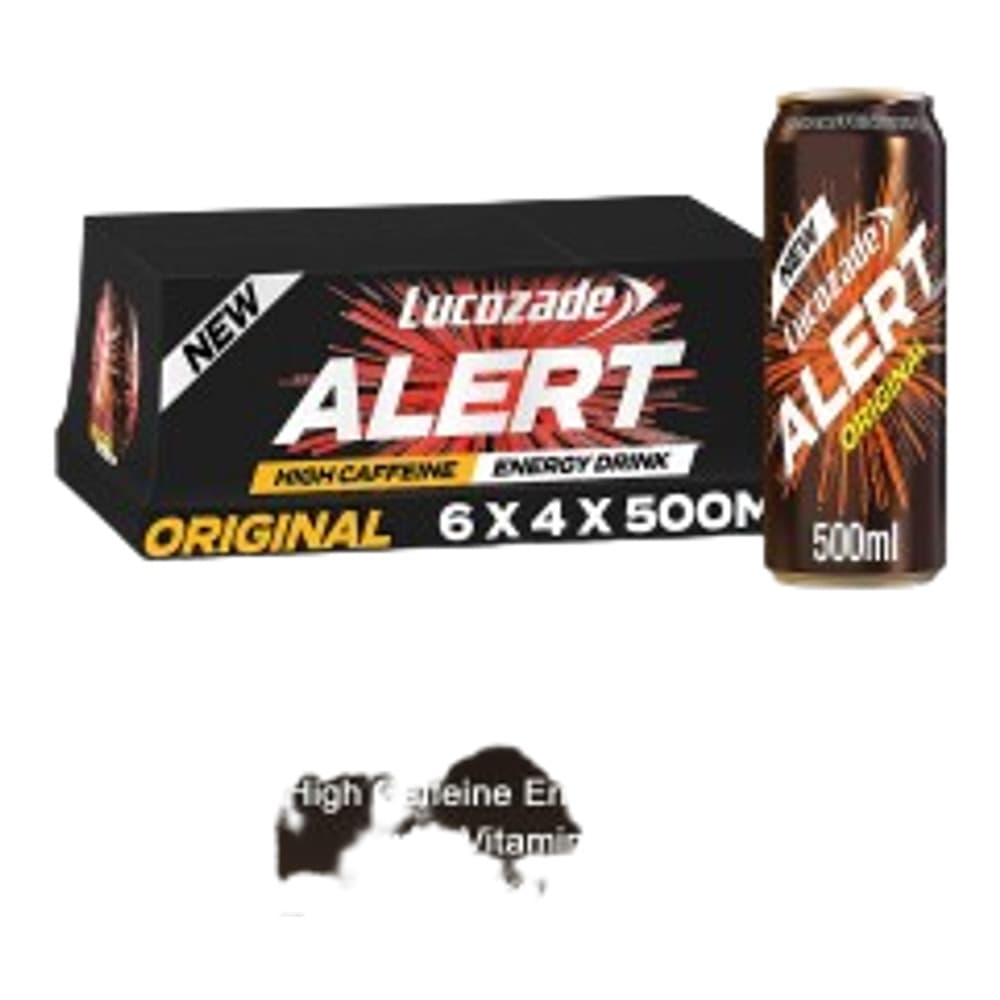 Lucozade Alert Original high caffeine energy drink multipack showing 6 cans of 500ml bottles displayed on white background
