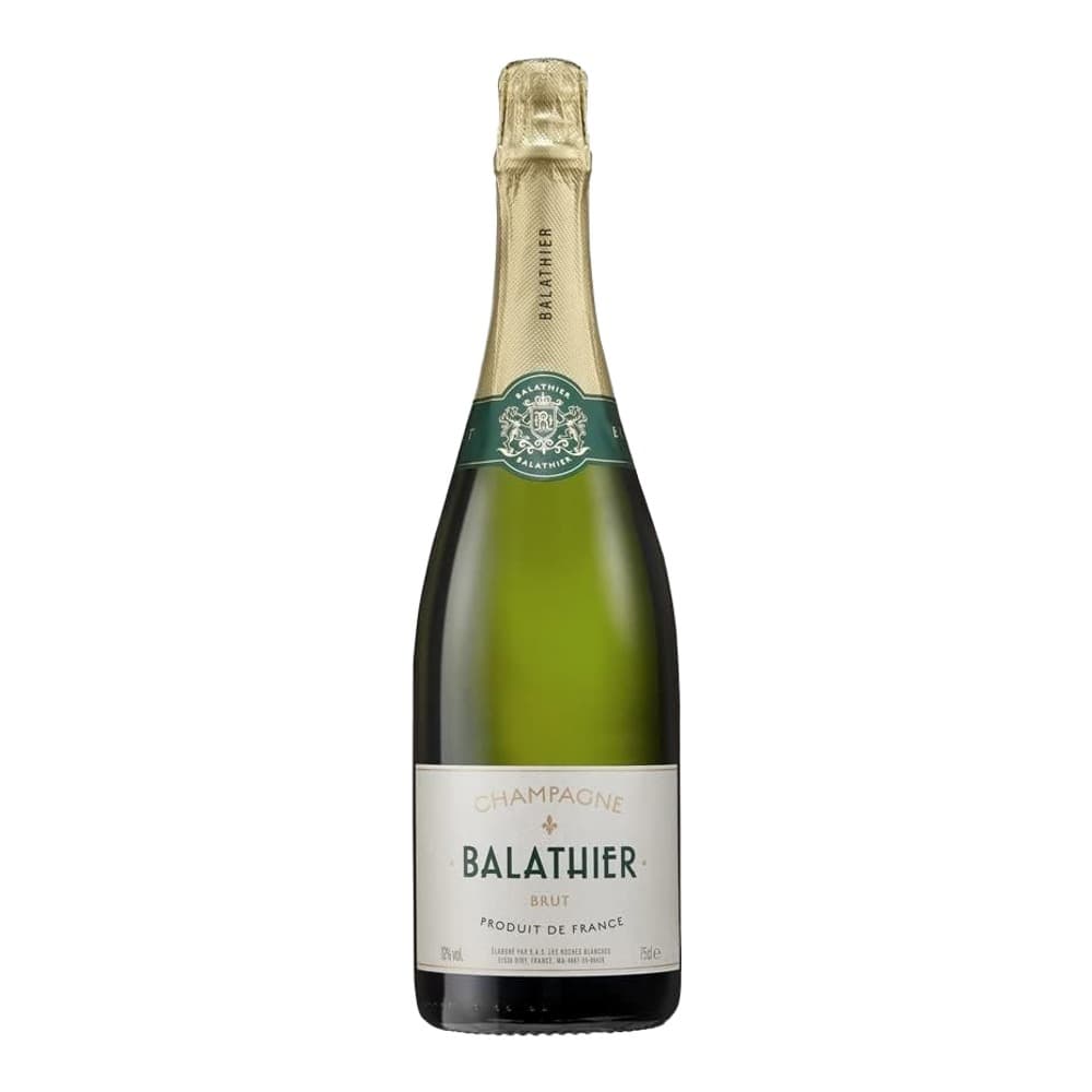 A bottle of Balathier Brut Champagne with a pale gold foil top and white label on a plain white background.