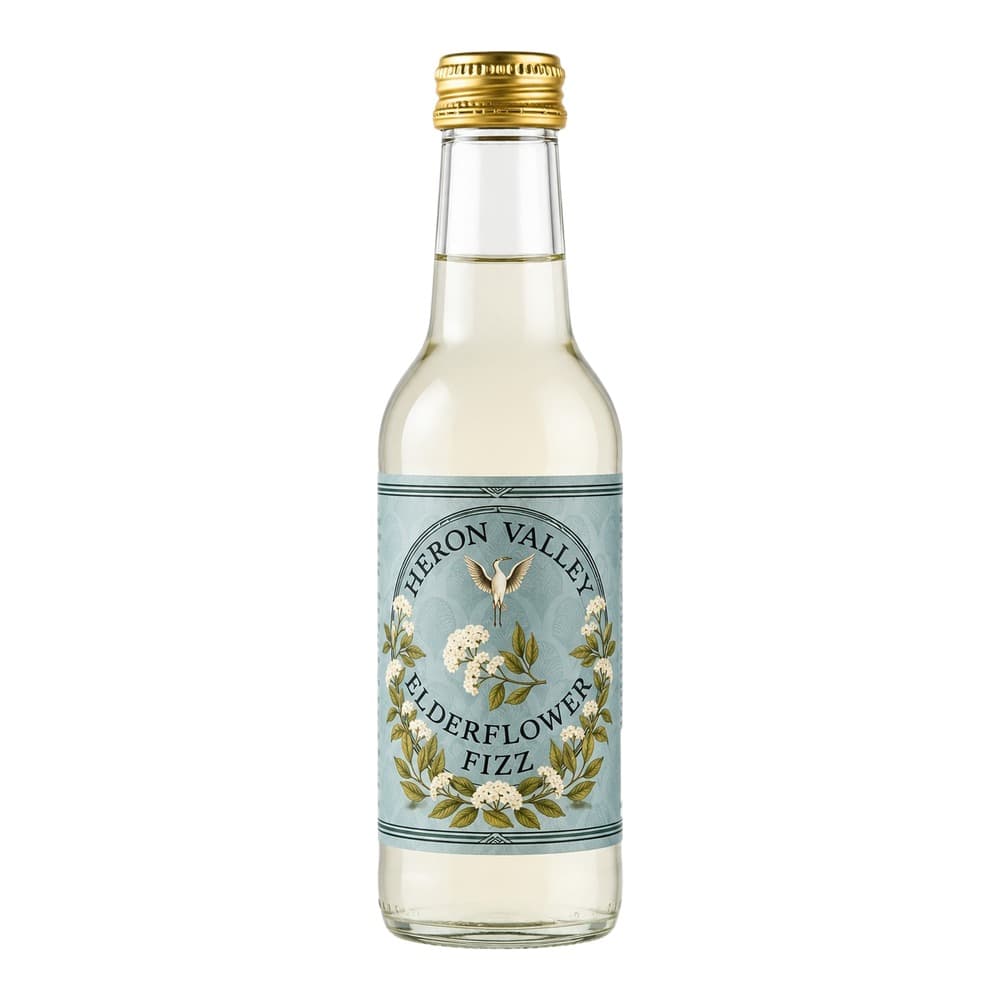 A glass bottle of Heron Valley Elderflower Fizz with a pale yellow liquid, gold screw cap, and blue label featuring an embossed heron and white elderflowers.