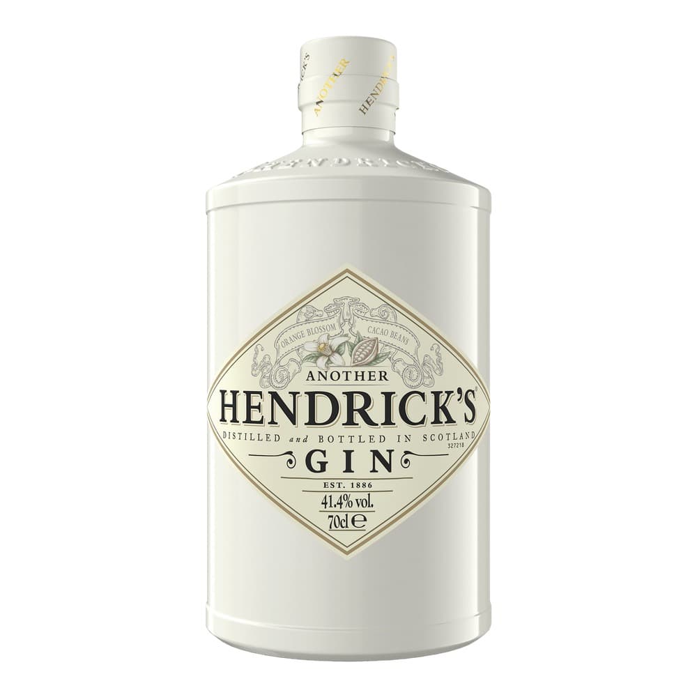 A 70cl bottle of Another Hendrick's Gin with a white label featuring ornate botanical imagery, distilled and bottled in Scotland, 41.4% alcohol by volume