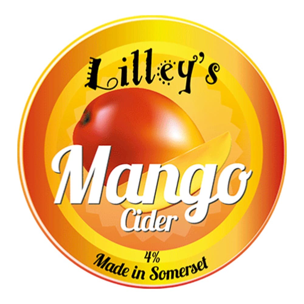 Round bottle label for Lilley's Mango Cider, featuring a large red mango on a golden yellow background with white and black text