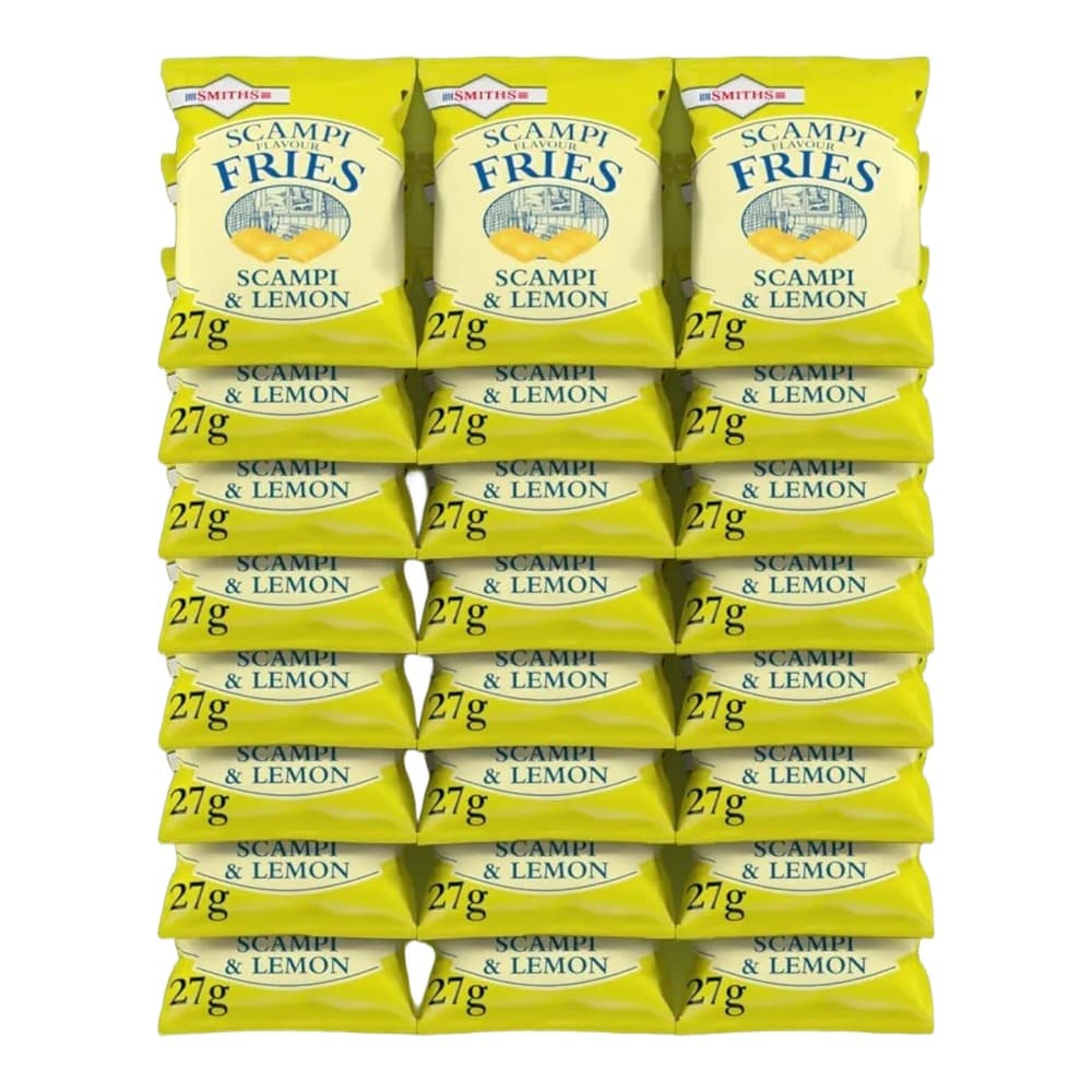 A cardboard multipack display box of Smiths Scampi Flavour Fries containing 24 individual 27g packets arranged in rows on a chartreuse green background.