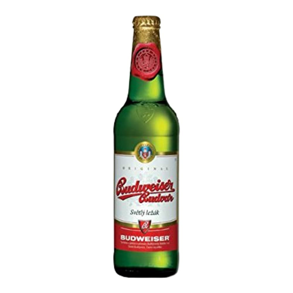 A green glass bottle of Budweiser Budvar lager beer with gold foil cap and red label, displayed against a white background.