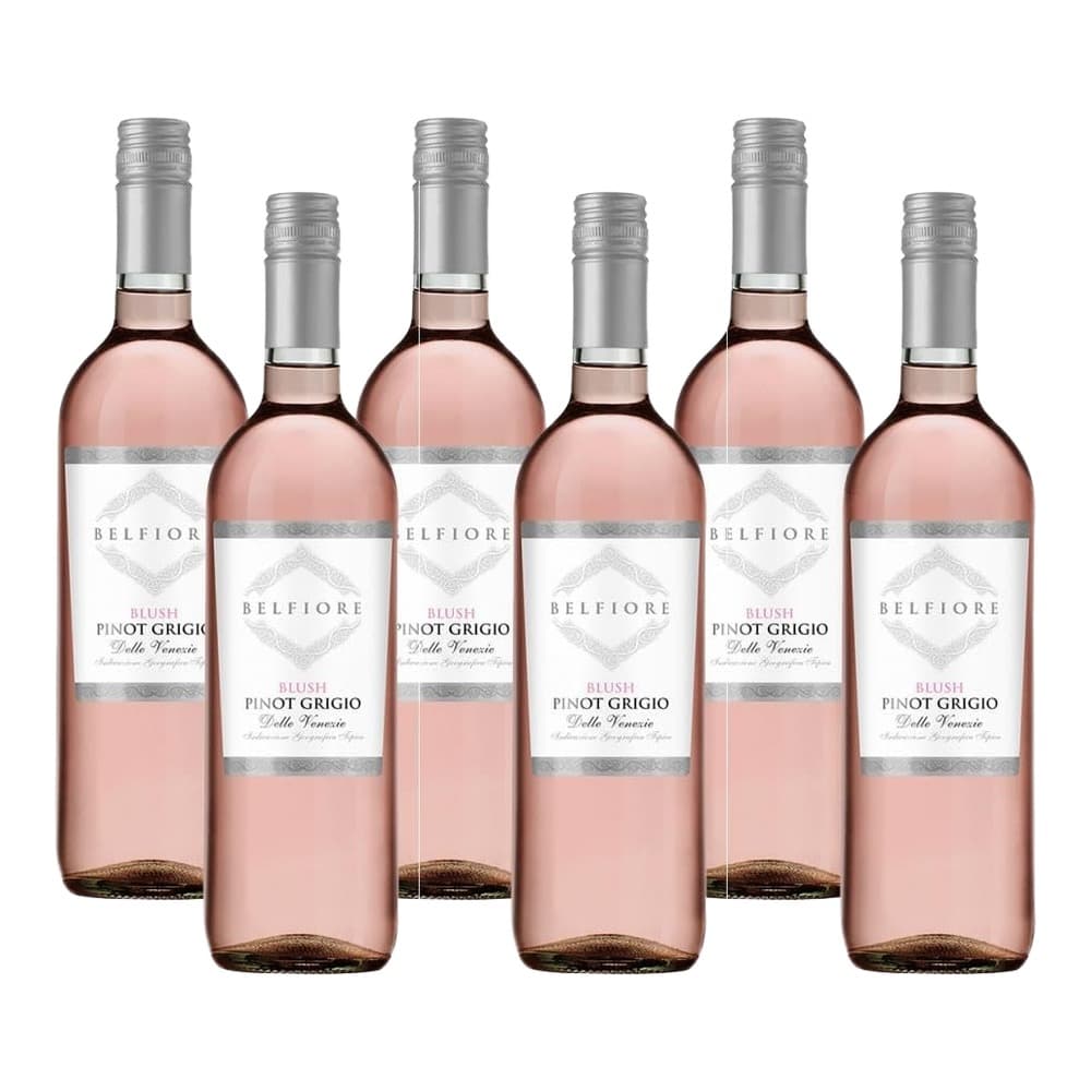 Six bottles of Belfiore Blush Pinot Grigio rosé wine arranged in two rows against a white background, featuring silver screw caps and decorative labels.