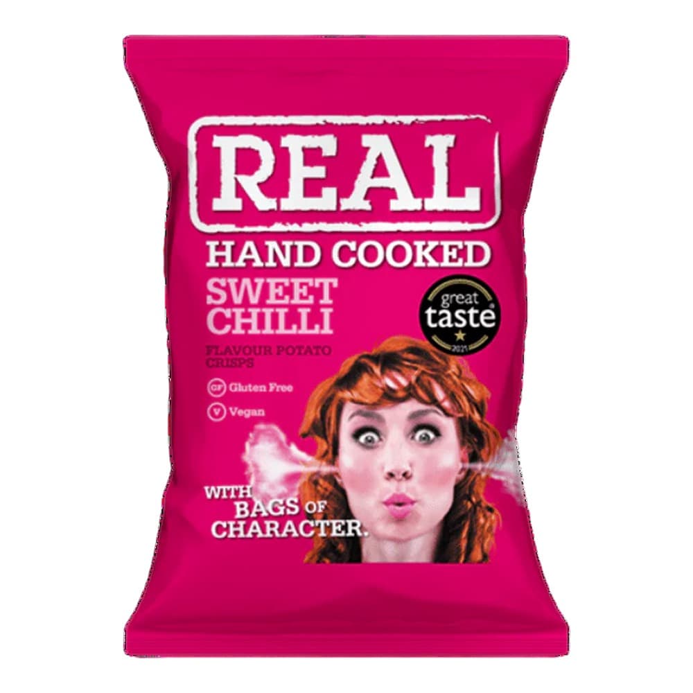 Bright pink packet of Real brand hand cooked sweet chilli flavour potato crisps with a woman's face and Great Taste award badge