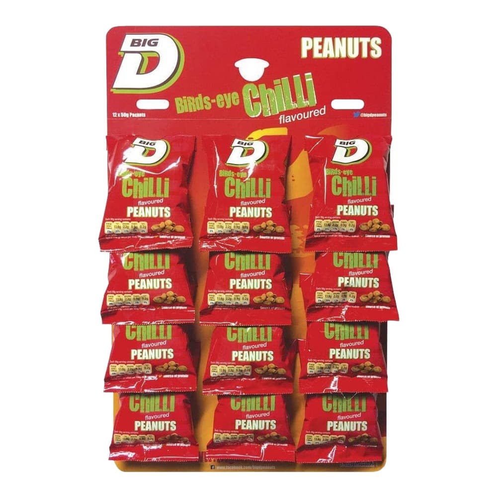 Display of Big D brand birds-eye chilli flavoured peanuts in individual red packets arranged on a backing card with chilli pepper imagery