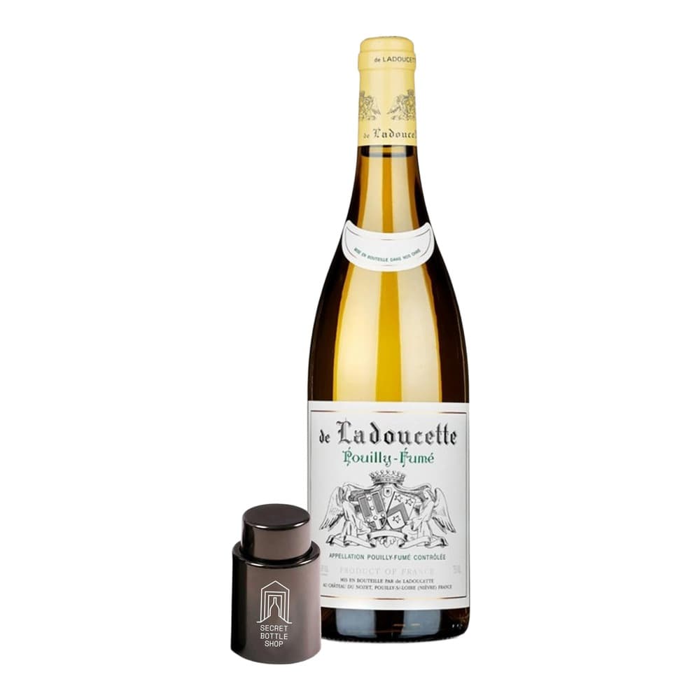 A bottle of de Ladoucette Pouilly-Fumé white wine with a pale yellow label displayed against a white background, accompanied by a branded wine stopper.