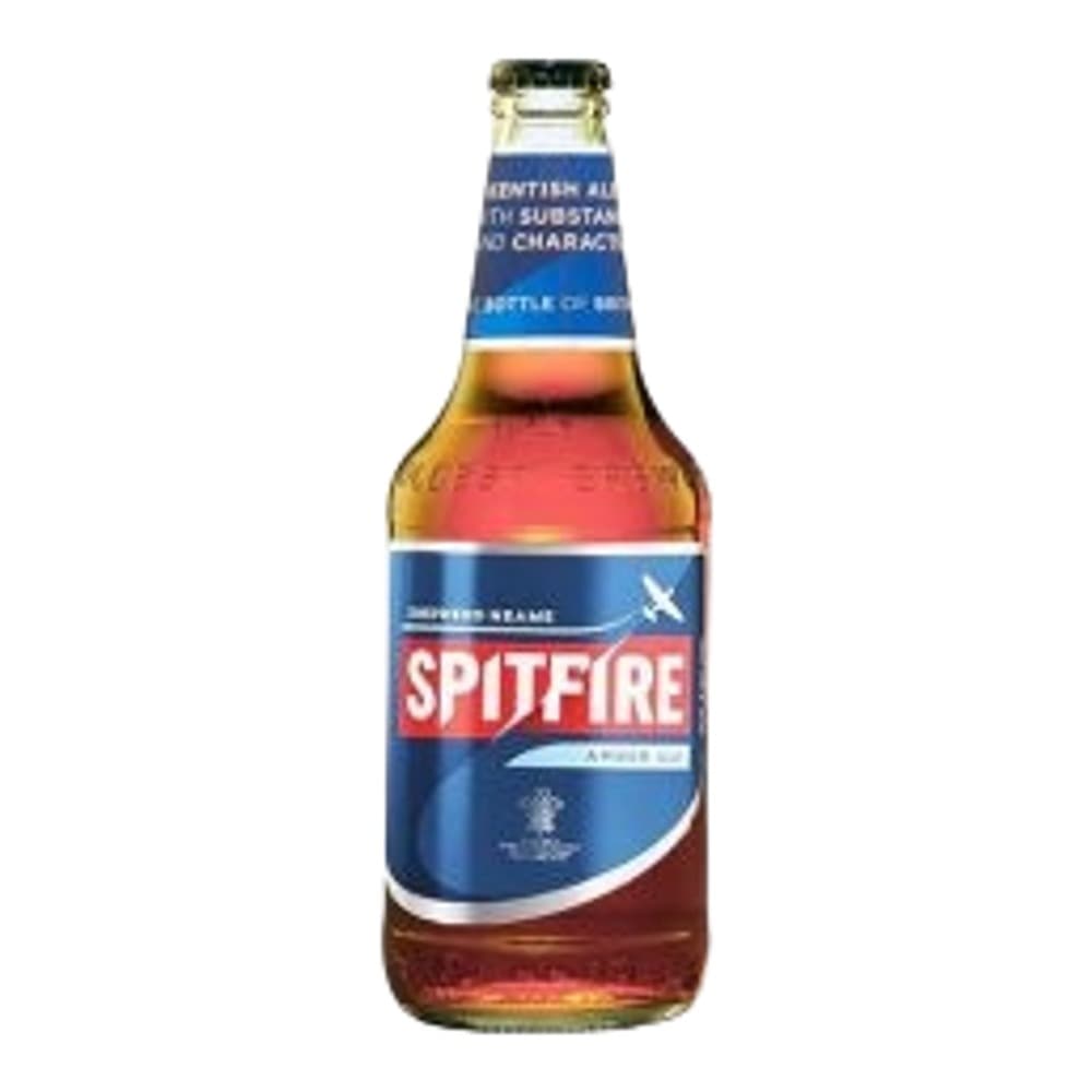 A bottle of Spitfire premium ale beer against a white background, featuring a blue and red label with the Spitfire branding.