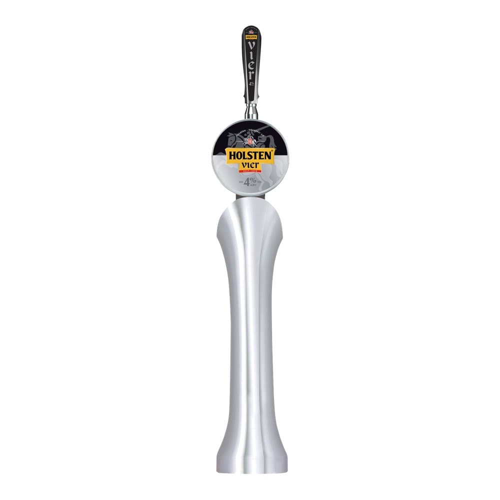 A silver and black beer tap handle for Holsten Viert lager, featuring a round tap head with yellow and black branding, isolated on white background.