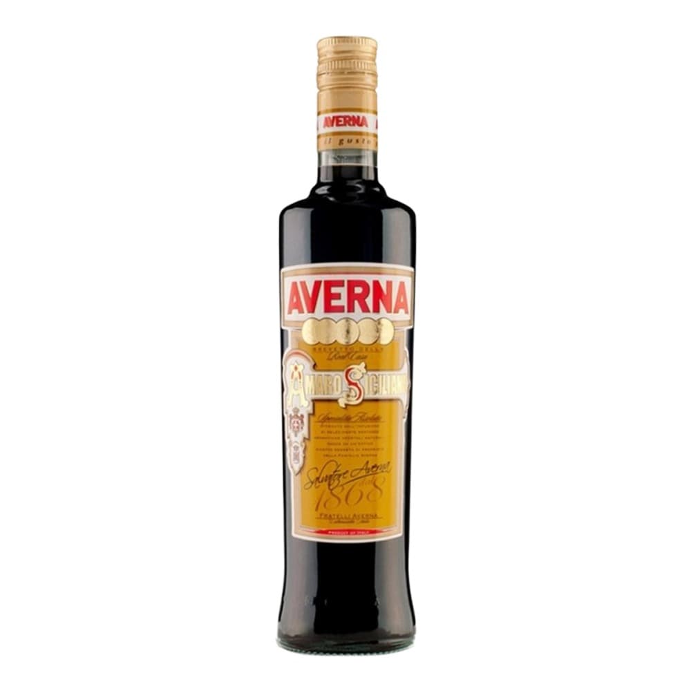 A bottle of Averna Italian amaro liqueur with gold foil cap and label on white background