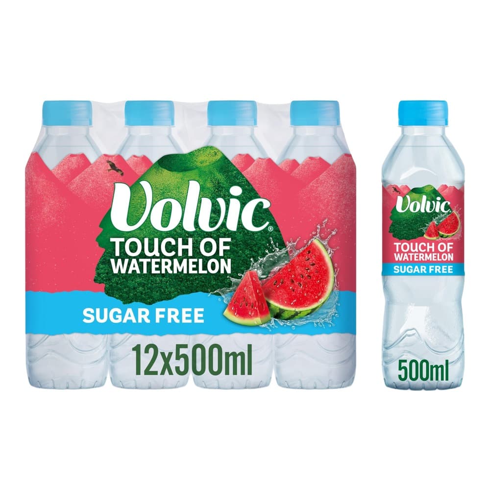 Pack shot of Volvic Touch of Watermelon sugar free bottled water showing a 12-pack of 500ml bottles and a single 500ml bottle against a white background