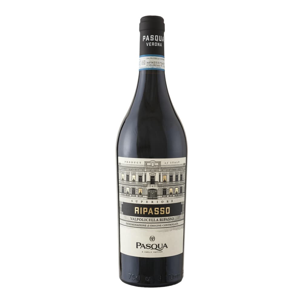 A bottle of Pasqua Ripasso Valpolicella red wine against a plain white background, showing the black foil capsule and cream and black label with architectural design.