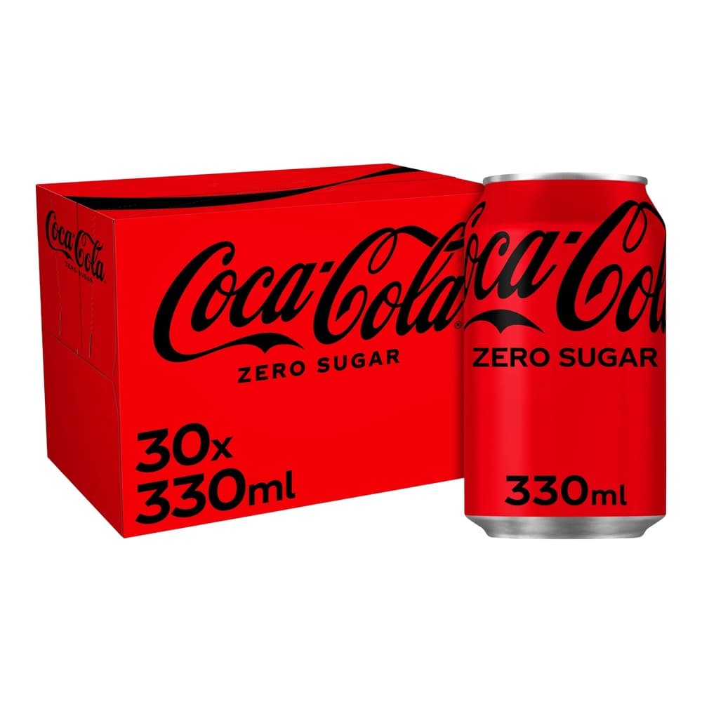 Red cardboard multipack box and individual aluminium can of Coca-Cola Zero Sugar 330ml beverages displayed against a white background