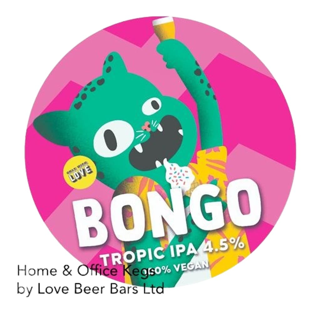 Circular beer label featuring a green cartoon character with large eyes holding a banana, with 'BONGO' text and product details on a pink background