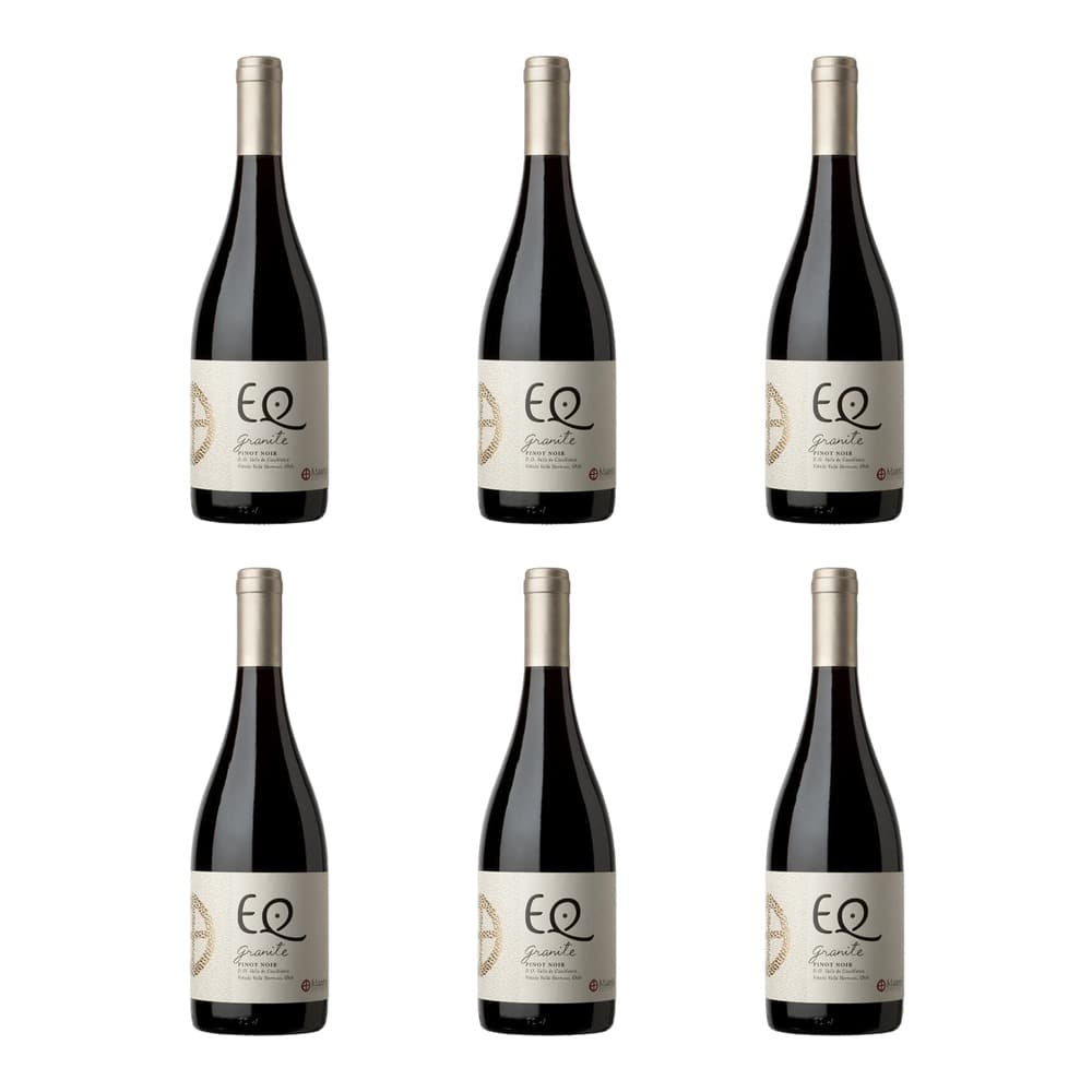 Six bottles of EQ Granite Pinot Noir wine arranged in two rows against a white background, featuring metallic caps and cream-coloured labels with gold leaf design elements.