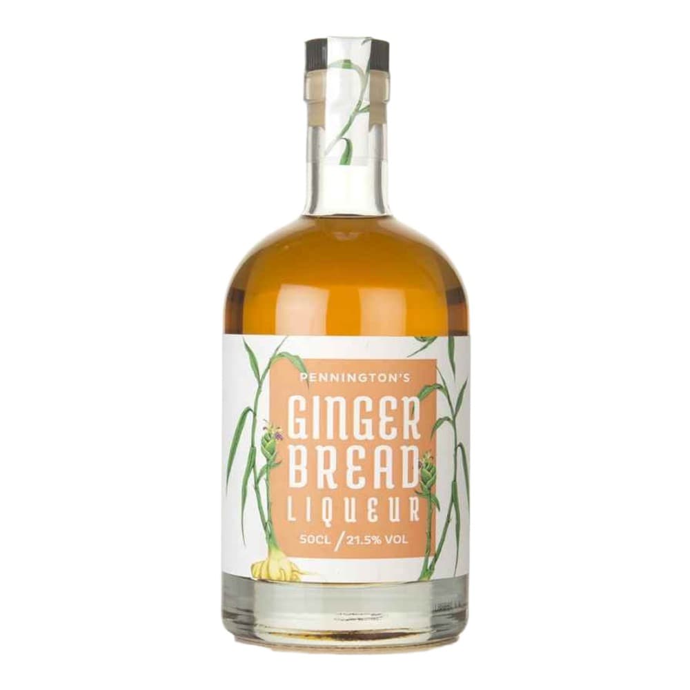 A 50cl bottle of Pennington's Ginger Bread Liqueur with golden amber liquid, displayed against a white background with a decorative label featuring ginger plant illustrations.