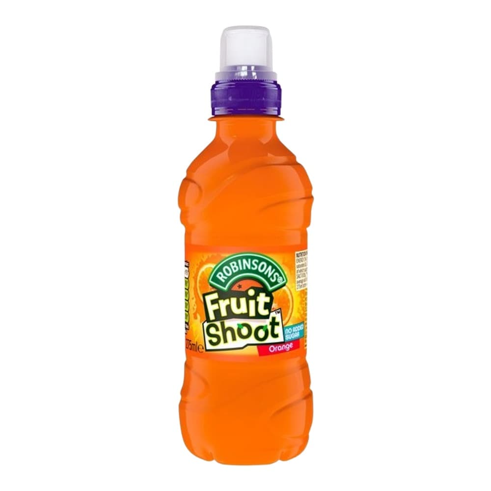 Bright orange plastic bottle of Robinsons Fruit Shoot orange-flavoured fruit drink with purple and white pump dispenser on white background