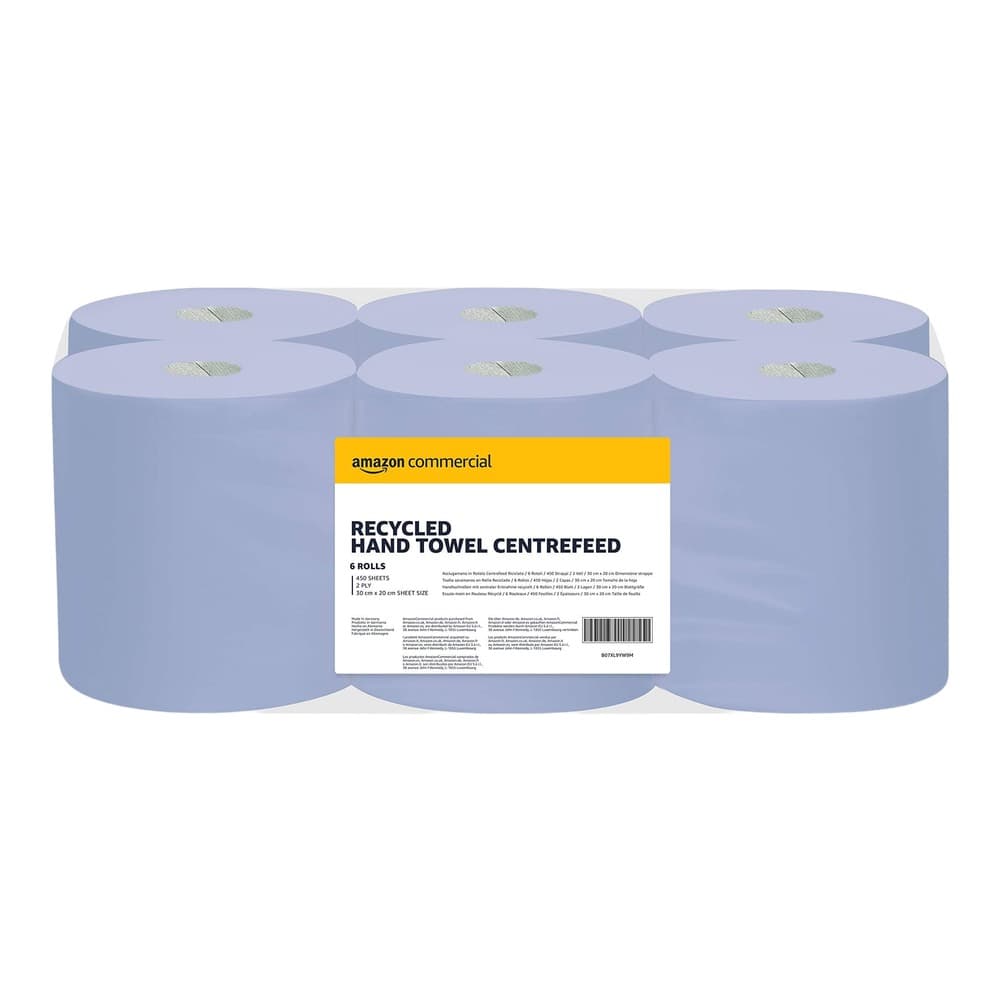 Pack of six blue recycled paper hand towel rolls with Amazon Commercial branding and yellow label on white background