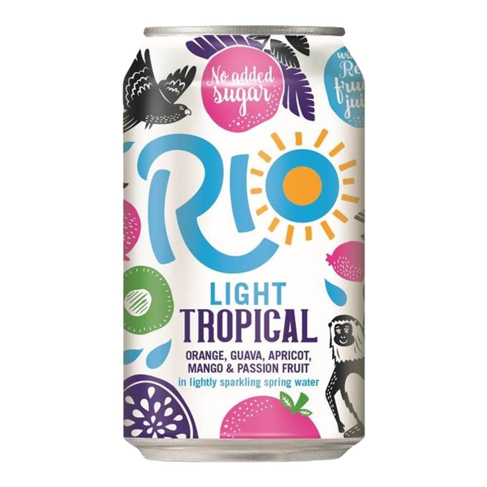 A silver aluminium can of Rio Light Tropical flavoured sparkling spring water with a colourful design featuring tropical fruits and a sun logo on a white background.
