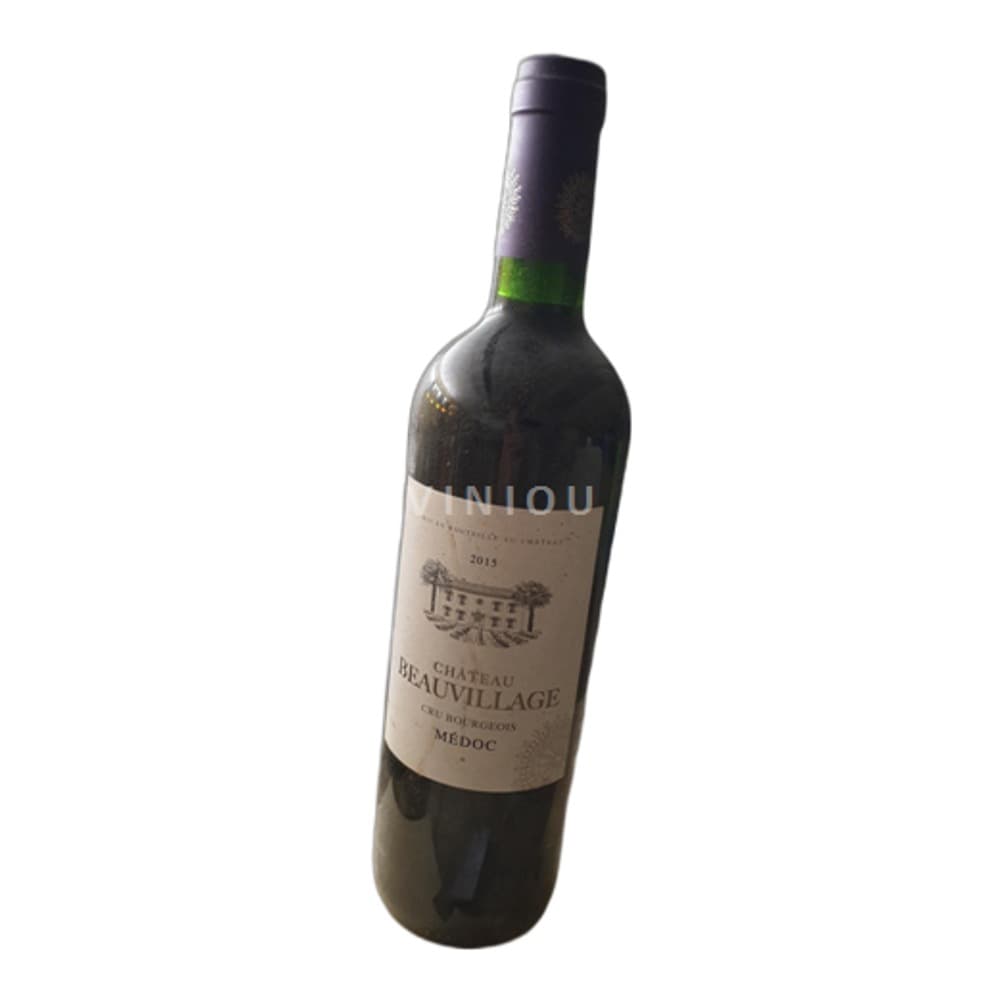A bottle of Château Beauvillage Médoc red wine from 2013 against a white background.