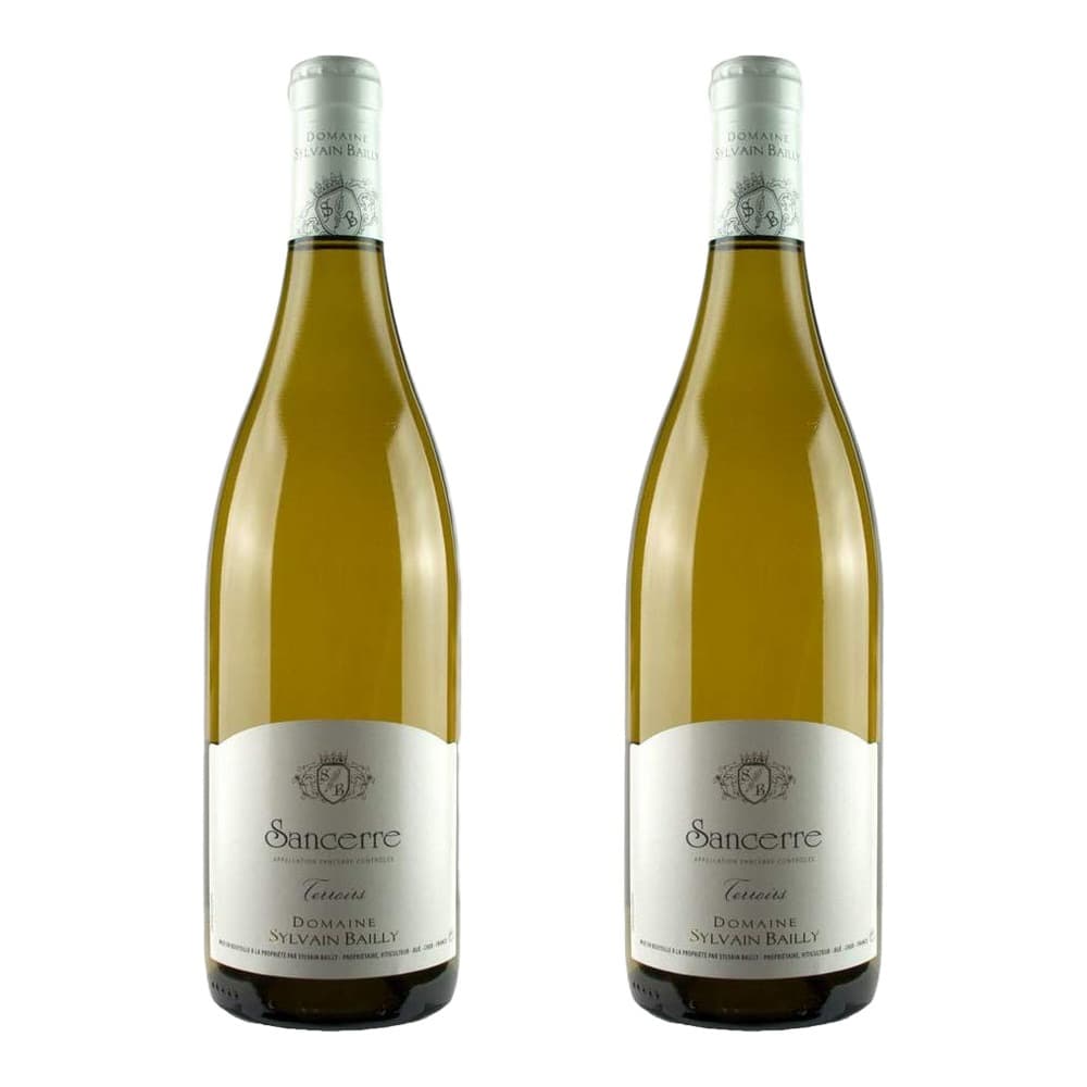 Two bottles of Sancerre white wine from Domaine Sylvain Bailly displayed against a white background