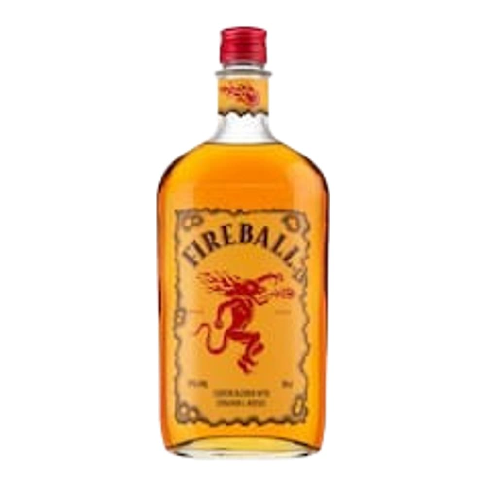 A 70cl bottle of Fireball Cinnamon Whisky with a red cap and gold label featuring the brand's iconic red dragon logo, photographed against a white background.