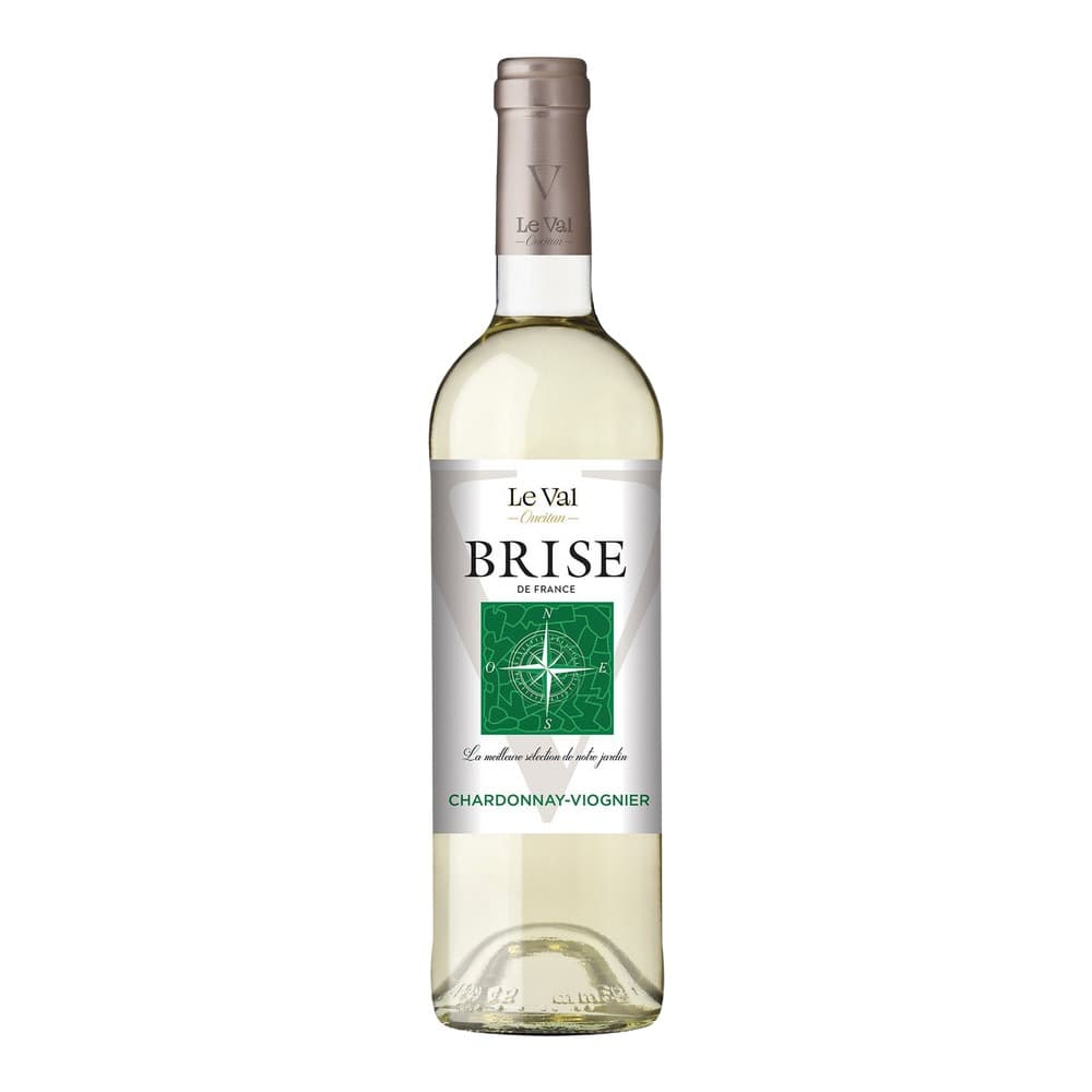 A bottle of Le Val Brise French white wine (Chardonnay-Viognier blend) with green compass rose label, isolated on white background.