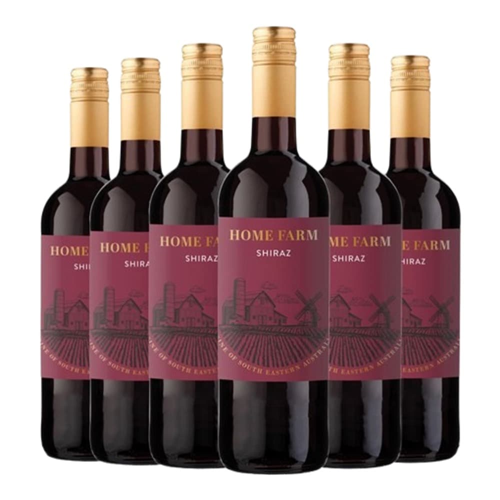 Six bottles of Home Farm Shiraz red wine arranged in a row against a white background, featuring gold capsules and burgundy labels with vineyard imagery.