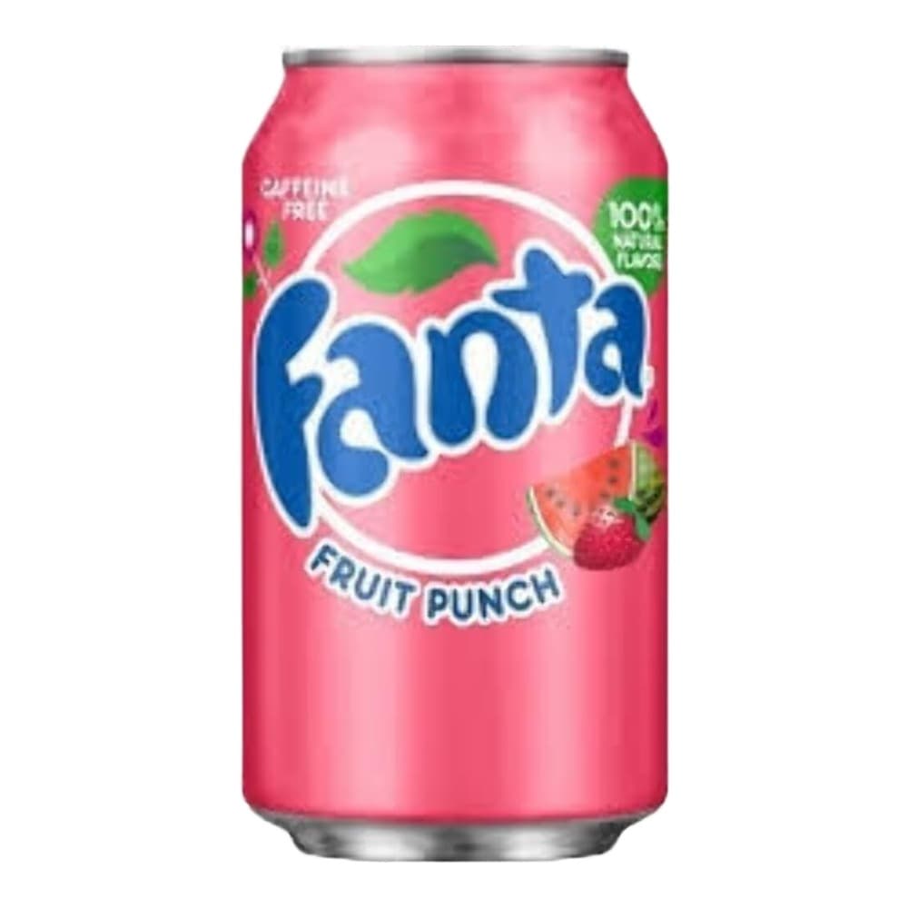 A pink Fanta Fruit Punch aluminium can with blue Fanta branding, displayed against a plain white background