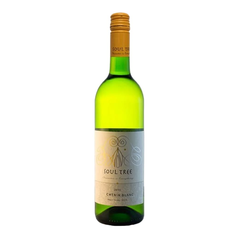 A bottle of Soul Tree Chenin Blanc white wine with a gold foil cap and pale yellow label on a white background.