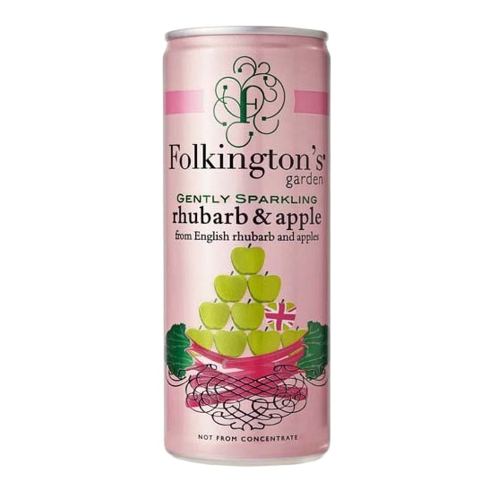 Pink can of Folkington's Garden gently sparkling rhubarb and apple beverage with decorative label featuring green apples and rhubarb illustration on white background